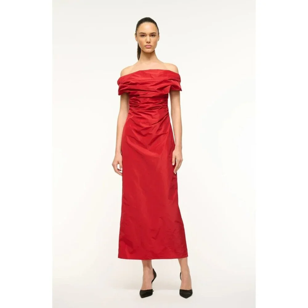 STAUD Andrea Dress Rouge Red Size 2 Off‑Shoulder Taffeta Midi - NWT